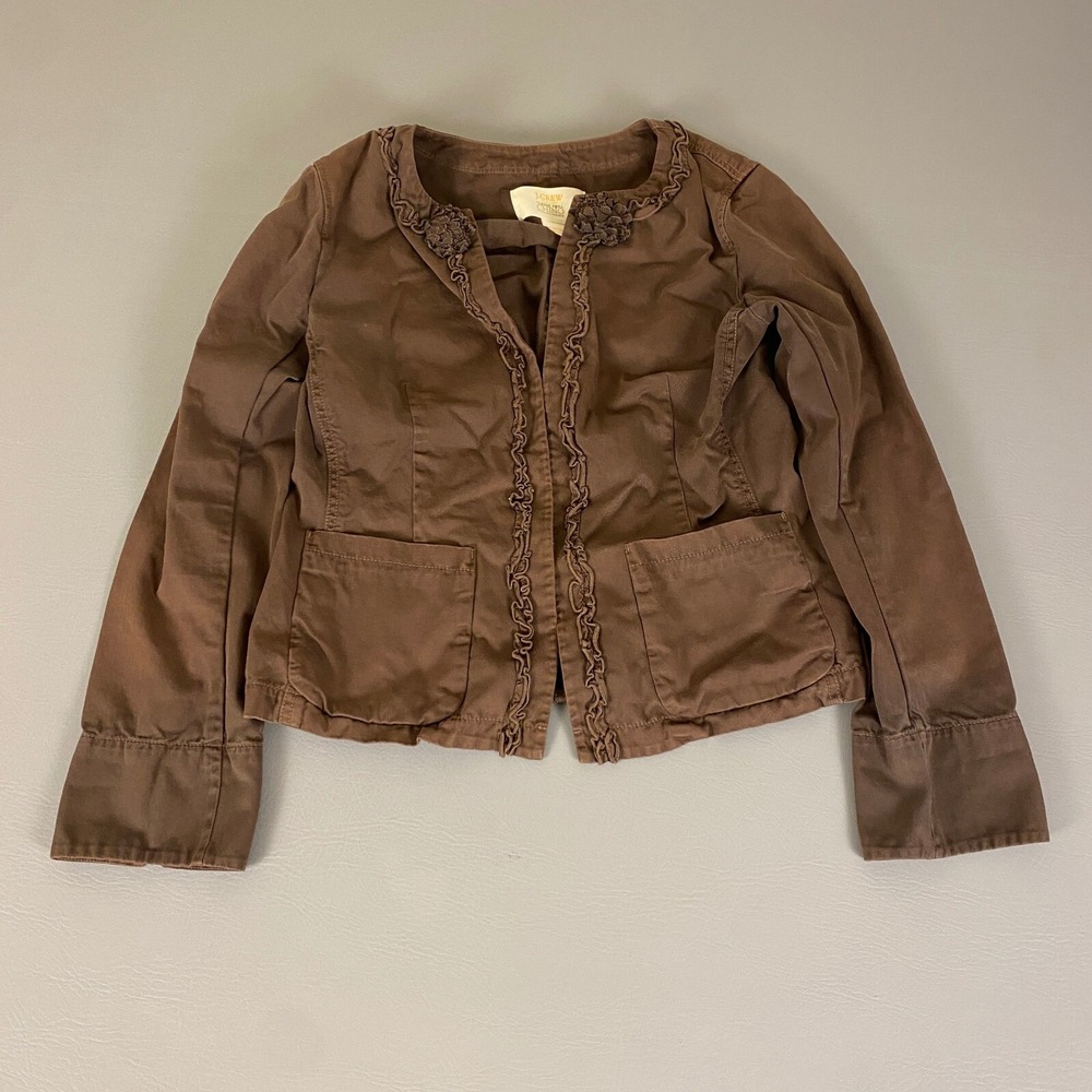 J. Crew Chino Jacket Size 10 Ruffle Trim Brown Twill Classic Fitted‎ Cotton